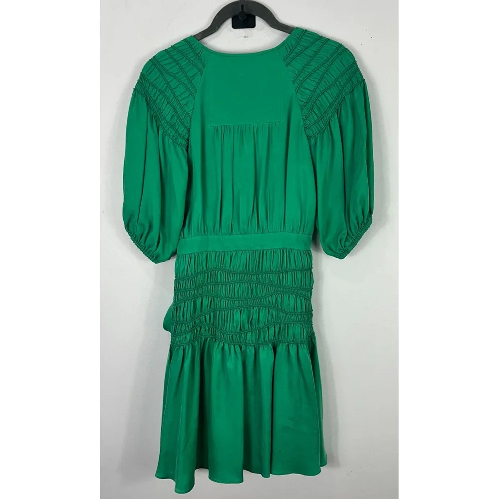 Ted Baker Green Babydoll Mini‎ Dress Womens 1 Small Vegan Silk Smocked Feminine